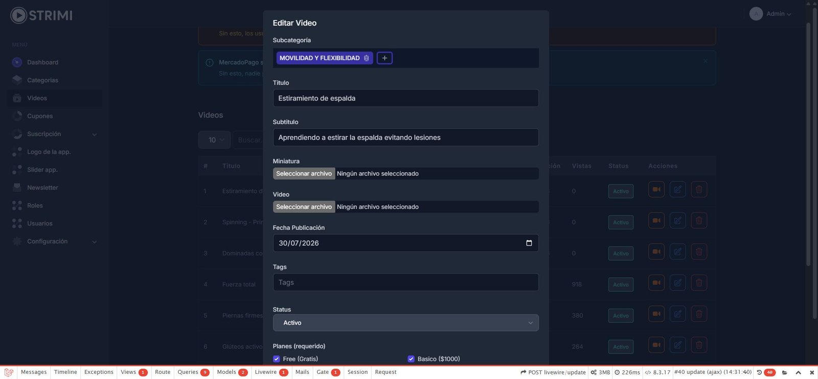 Interfaz real de STRIMI: Editar o retirar un video de la publicación